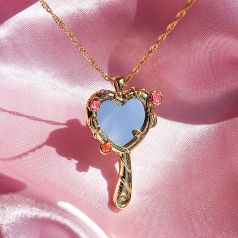 Collana Con Pendente Specchio A Cuore Con Rame E Zirconia Fiore Di Rosa Specchio Magico Stile Vintage Per Donne Ragazze