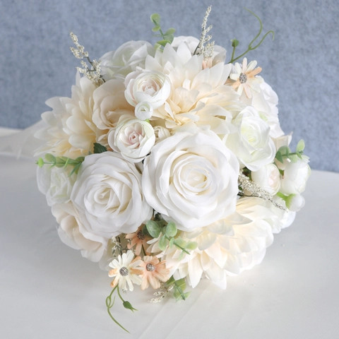 Ramo De Boda Artificial Rosa Dalia De Satén Con Cintas Largas Flores De Mano Para Ceremonia Fotografía Estilo Bosque