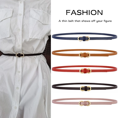 Cintura Sottile In Pelle PU Da Donna Cinturino In Vita Alla Moda Con Fibbia In Lega A Doppio Anello Dorato Versatile Semplice Per Jeans Abiti