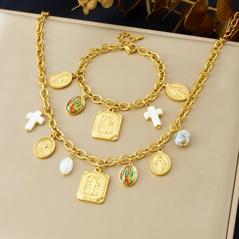 Religieuze Maagd Maria Kruis Hanger Ketting En Armband Roestvrij Staal Verguld Medaillon Vintage Katholieke Stijl Vrouwen