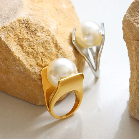 Geometrischer Statement Ring Edelstahl 18K Vergoldet Große Künstliche Perlenimitation Überdimensionierter Moderner Schmuck Für Damen