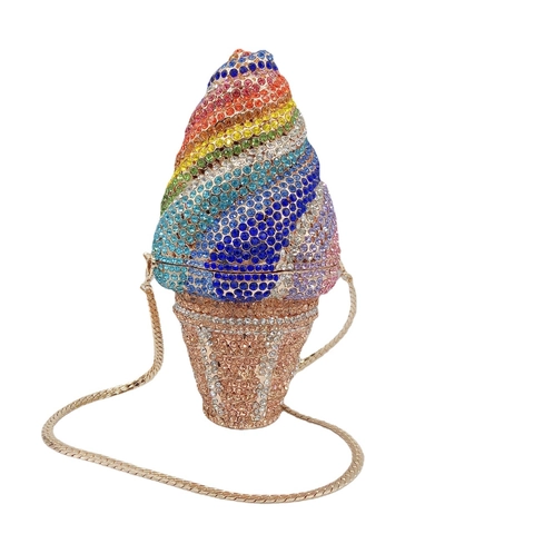 Ice Cream Shaped Evening Clutch Bag Full Rhinestone Crystal Metal Frame Chain Strap Novelty Party Banquet Women Handbag