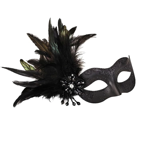 Venetian Masquerade Mask With Side Feathers Glitter Pattern Rhinestone Flower Tassel For Halloween Carnival Party Queen
