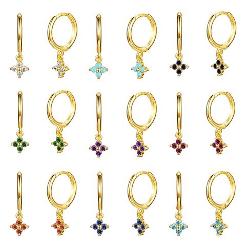 Orecchini a Cerchio Francesi Vintage con Camelia con Perno in Argento Sterling 925 Rame con Incastonatura di Zirconia Colorata Donna