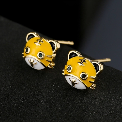 Orecchini A Lobo Testa Di Tigre Cartone Animato Rame Placcato Oro 18K Smalto Gioielli Donna