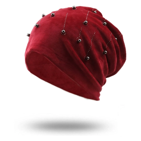 Gorro Beanie De Terciopelo Para Mujer Decoración De Pedrería Y Cuentas Cálido Doble Capa Elástico