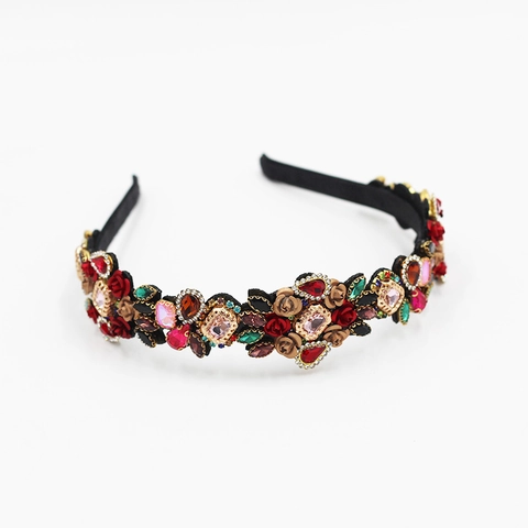 Serre-Tête Baroque Rétro Strass Colorés Fleur Rose Métal Élégant Mariée Cerceau De Cheveux Pour Femmes Accessoire Fête