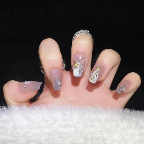 Weihnachten Handgemacht Nägel Zum Aufdrücken Porzellanweiß Katzenauge Mit Perlen Schneeflocken Sterne Elegant Maniküre Damen