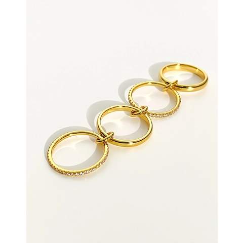Trendy Brass Gold Plated Interlocking Four Ring Set With Rhinestone Inlay Geometric Minimalist Finger Ring For Women Jewelry