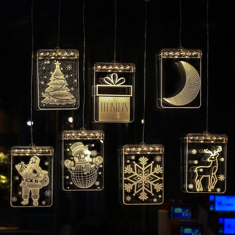 Christmas LED Hanging Lights Acrylic PVC Laser Engraved Window Suction Cup Lamp Warm White Festive Holiday Home Decor