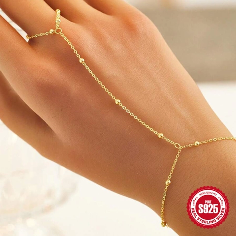 Gioiello da Mano in Argento Sterling 925 Con Perline di Miglio in Zirconia Bracciale con Anello per Donna Minimalista Placcato Oro