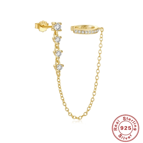 Orecchino E Ear Cuff In Argento Sterling 925 Con Catena Zirconia Gioielli Minimalisti Raffinati Per Donna