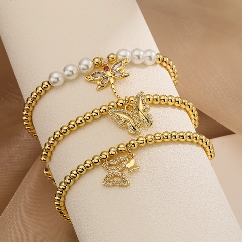 Gold Plated Copper Bead And Artificial Pearl Bracelet With Zircon Butterfly Dragonfly Pendant Elegant Hand Jewelry For Women