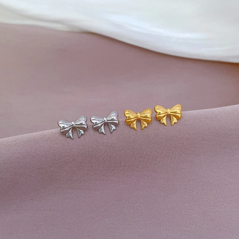 Bow Stud Earrings Titanium Steel Minimalist Elegant Textured Jewelry For Women Girls Banquet Fashion Accessories