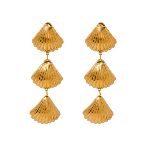 Tiered Shell Dangle Earrings 18K Gold Plated Stainless Steel Multi Layer Scallop Drop Jewelry Waterproof Geometric For Women