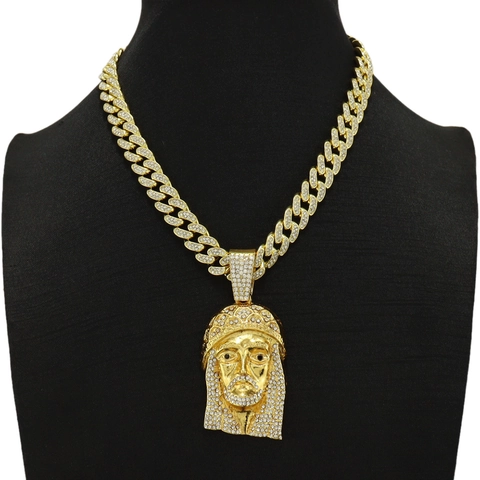 Jesus Pendant Necklace Alloy Iced Out Rhinestone Hip Hop Cuban Link Chain For Men Religious Jewelry Gift