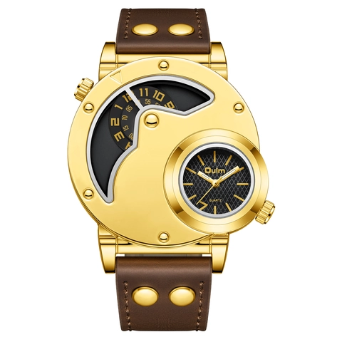 Montre à Quartz pour Hommes Double Fuseau Horaire Or Grand Cadran Montre de Sport Tendance Avec Bracelet en Similicuir à Rivets