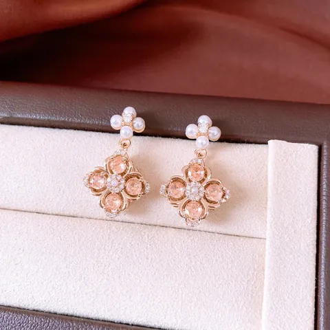 Pendientes Colgantes De Flores Con Poste De Plata Cobre Circón Gema Champaña Perla Artificial Joyería Vintage