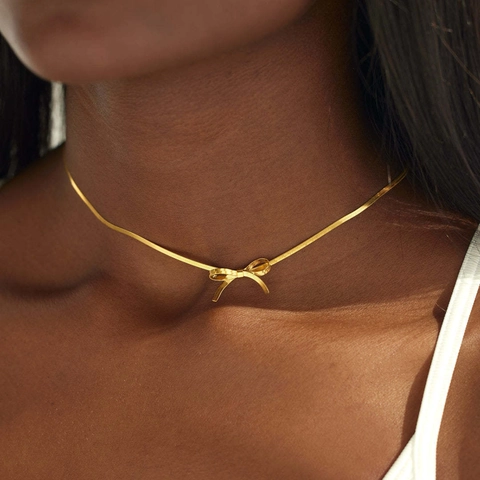 Schleife Halskette Ohrringe Und Ring Edelstahl 18k Vergoldet Minimalistische Choker Schlangenkette Eleganter Schmuck