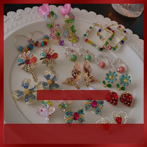 Fashion Geometric Stud Earrings With Silver Earring Post Alloy Rhinestone Colorful Resin Butterfly Heart Flower For Women