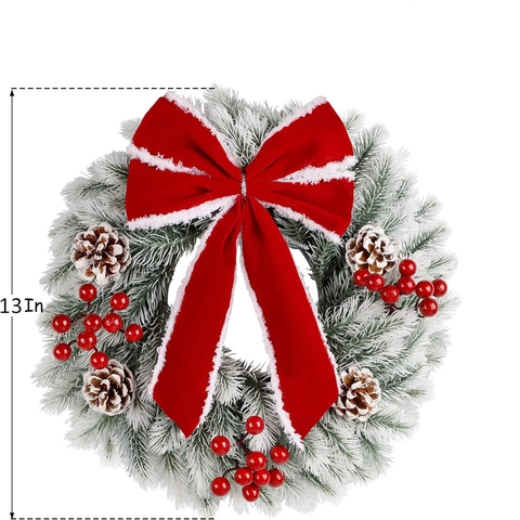 PE Christmas Wreath With LED Lights Flocked Pine Branches Pine Cones Red Berries Velvet Bow Festive Door Window Hanging Decoration