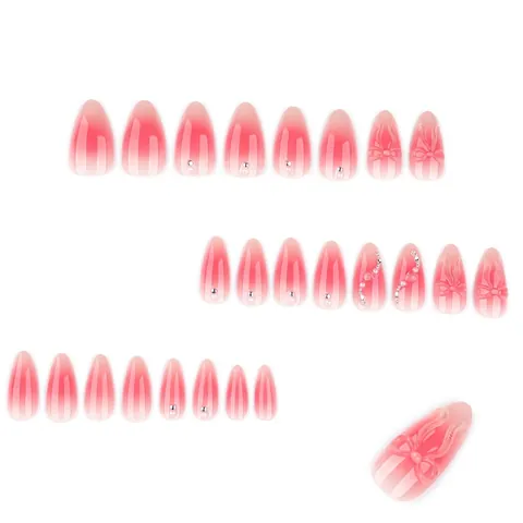 Uñas Postizas Degradado Rosa Forma De Almendra Con Lazo 3D Perla Artificial Diamante De Imitación Manicura Dulce Para Mujeres