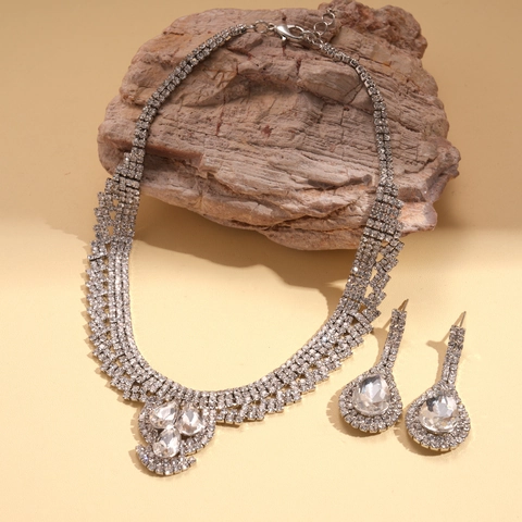 Collar Y Pendientes Con Colgante De Gota De Agua Joyas De Cobre Con Diamantes De Imitación Para Boda Novia Fiesta Lujo Color Plata