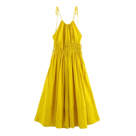 Linen Blend Halter Maxi Dress Sleeveless High Waist Shirred Solid Color Summer Beach Vacation Resort Elegant For Women