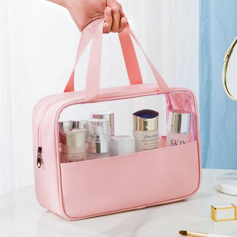 Große Kosmetiktasche Klarsicht PVC PU Leder Tragbare Reise Kulturbeutel Aufbewahrungstasche Wasserdicht Transparent Mit Griff