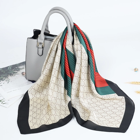 Women Elegant Square Satin Scarf Interlocking Circle Print Retro Stripe Bandana Hair Tie Headwrap Bag Accessory Handkerchief