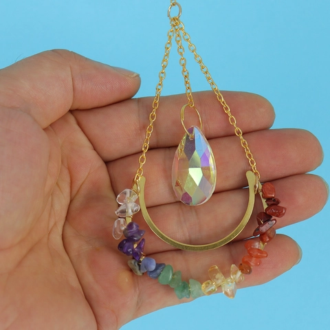 Crystal Suncatcher Moon Hanging Decoration Natural Stone Chips Rainbow Maker Window Ornament Handmade Golden Metal Chain
