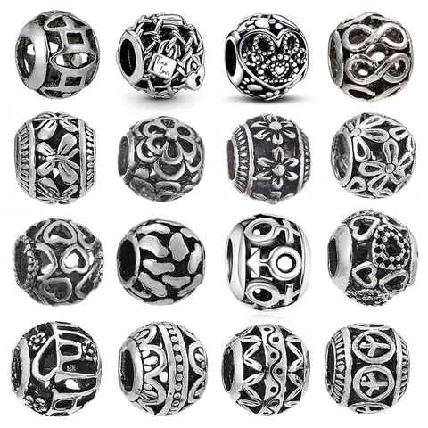 Antique Silver Plated Alloy Hollow Charms Beads Large Hole For DIY Bracelet Making Jewelry Findings Heart Flower