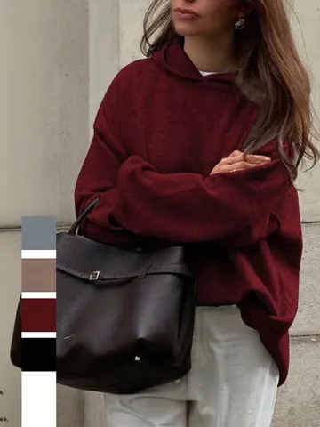 Women Knitted Hoodie Sweater Loose Casual Long Sleeve Solid Color Hooded Pullover Acrylic Polyester Top