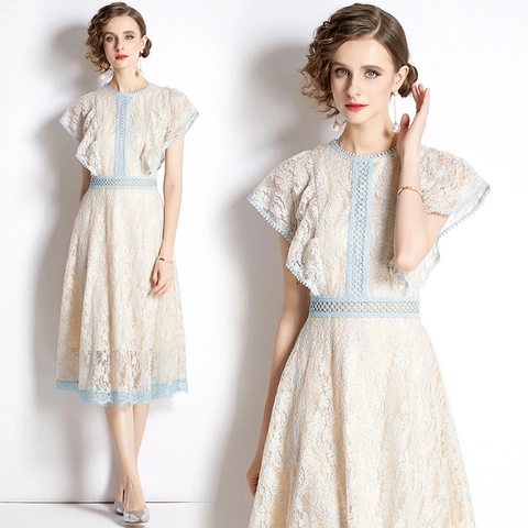 Robe Midi En Dentelle Élégante Pour Femmes Avec Bordure Bleu Clair Manches Volantes Taille Ajourée Col Rond Mélange De Coton