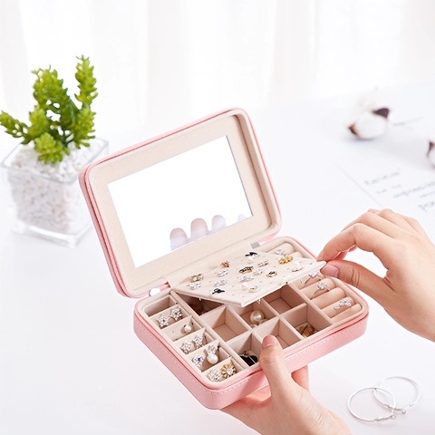 Portagioie Portatile in Pelle PU per Donna Ragazza Specchio Viaggio Mini Organizzatore di Gioielli Custodia per Orecchini Anelli Collane