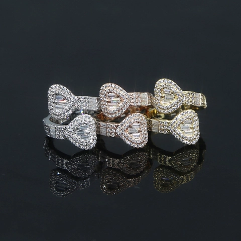 Bypass Open Heart Ring Copper Cubic Zirconia Baguette Round Cut Micro Pave Adjustable Fashion Hip Hop Jewelry For Women