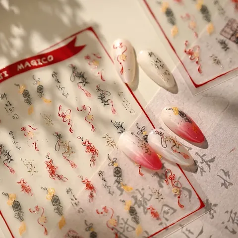 Nagelkunst Stickers Chinese Stijl Koi Vis Calligrafie Ontwerp Rood Goud Zelfklevend Manicure Decoratie