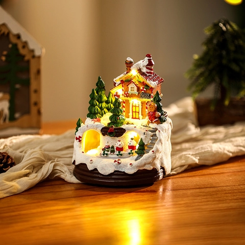Casa in Plastica con Carillon Musicale di Natale e Treno Rotante Omino di Pan di Zenzero Luce Notturna a LED Decorazione