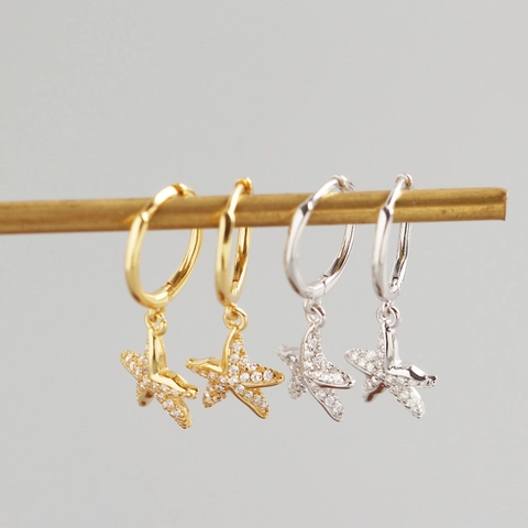 925 Sterling Zilveren Zeester Hoop Oorbellen Lichte Luxe Oceaan Stijl Zirconia Pave Sea Star Druppel Oorbellen Dames Sieraden