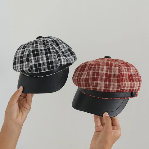 Kids Vintage Plaid Newsboy Hat Polyester Octagonal Cap With PU Leather Brim For Toddler Girls Autumn Accessory