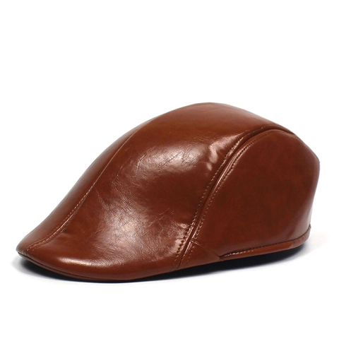 Retro PU Leather Beret Flat Cap Solid Color Glossy Windproof Newsboy Hat For Men Women British Style Vintage