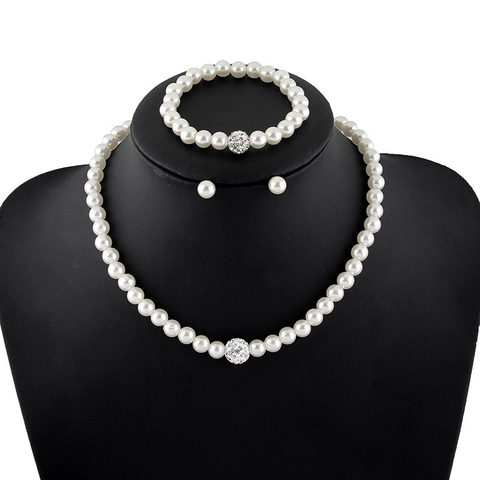 Elegant Imitation Artificial Pearl Necklace Bracelet And Earrings Jewelry Set With Alloy Rhinestone Balls For Women Bride Wedding