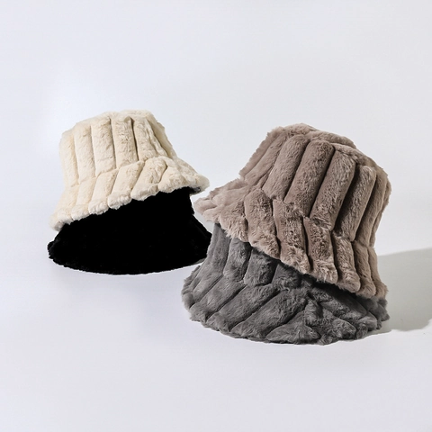 Vertical Stripe Faux Fur Plush Bucket Hat Winter Warm Soft Windproof Outdoor Casual Cap For Men And Women