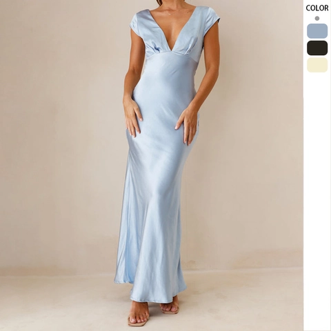 Vestido Largo De Satén Para Mujer Escote En V Profundo Espalda Descubierta Sin Mangas Color Sólido Fiesta Sexy