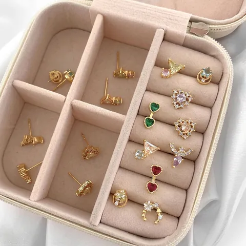 Fashion Brass Gold Plated Colorful Zirconia Stud Earrings For Women Geometric Heart Star Moon Earring Jewelry Gift
