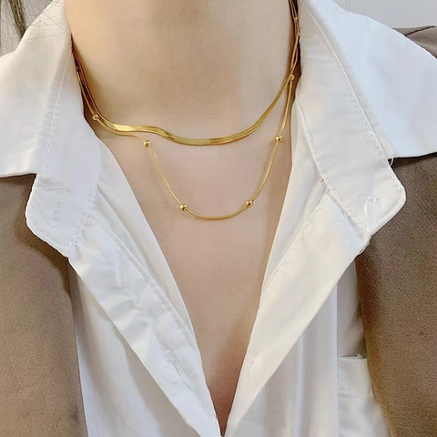 Double Layered Necklace Gold Plated Stainless Steel Herringbone Snake Chain And Beaded Clavicle Jewelry For Women