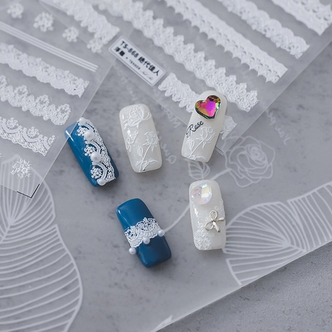 Pegatinas de Arte de Uñas con Relieve 5D de Encaje Blanco y Rosa Autoadhesivas de Flores y Mariposas Vintage Calcomanías de Uñas para Mujer Boda DIY Decoración de Manicura