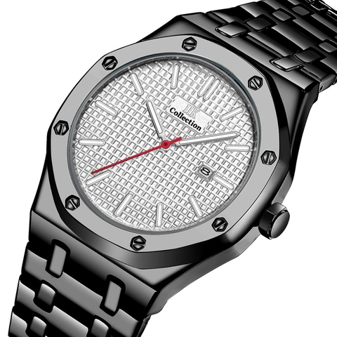 Men Fashion Quartz Watch Octagonal Bezel Waffle Dial Calendar Waterproof Business Alloy Metal Link Strap Sport Wristwatch