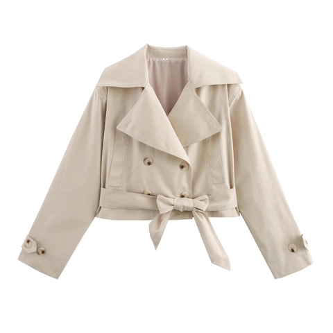 Dames Mode Kort Trenchcoat Double Breasted Strik Riem Revers Casual Losjes Effen Kleur Bovenkleding Windjack