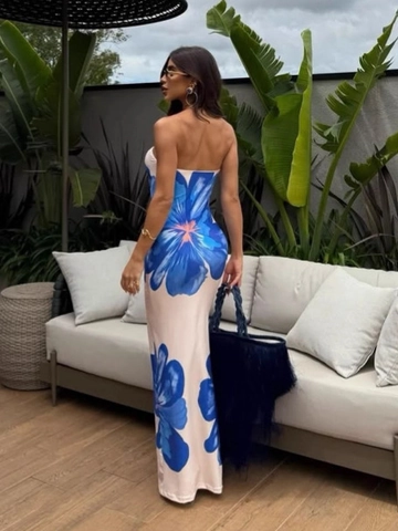 Dames Tube Top Maxi Jurk Bloemenprint Polyester Elastaan Slanke Pasvorm Vakantie Zomer Casual Mouwloos Schoudervrij